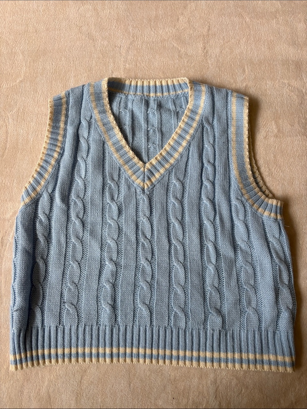 Light Blue Cable Knit V-Neck Sweater Vest with Cream Stripes
